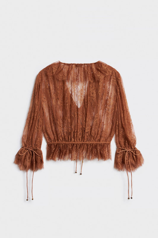 Brown Embroidered Lace Blouse