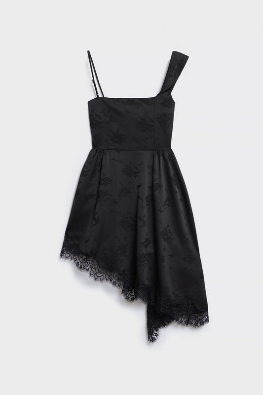 Black Lace-trimmed Draped Dress with Asymmetric Hem