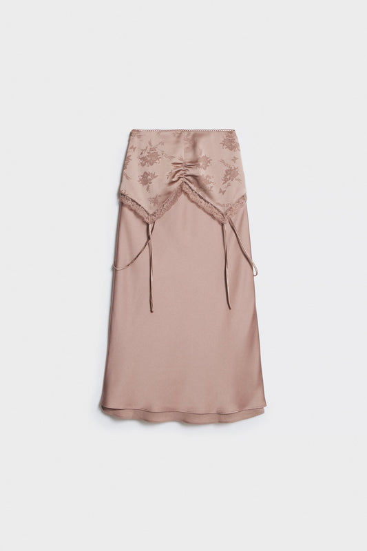 Dusty Rose Double-layered Lace Trim Midi Skirt