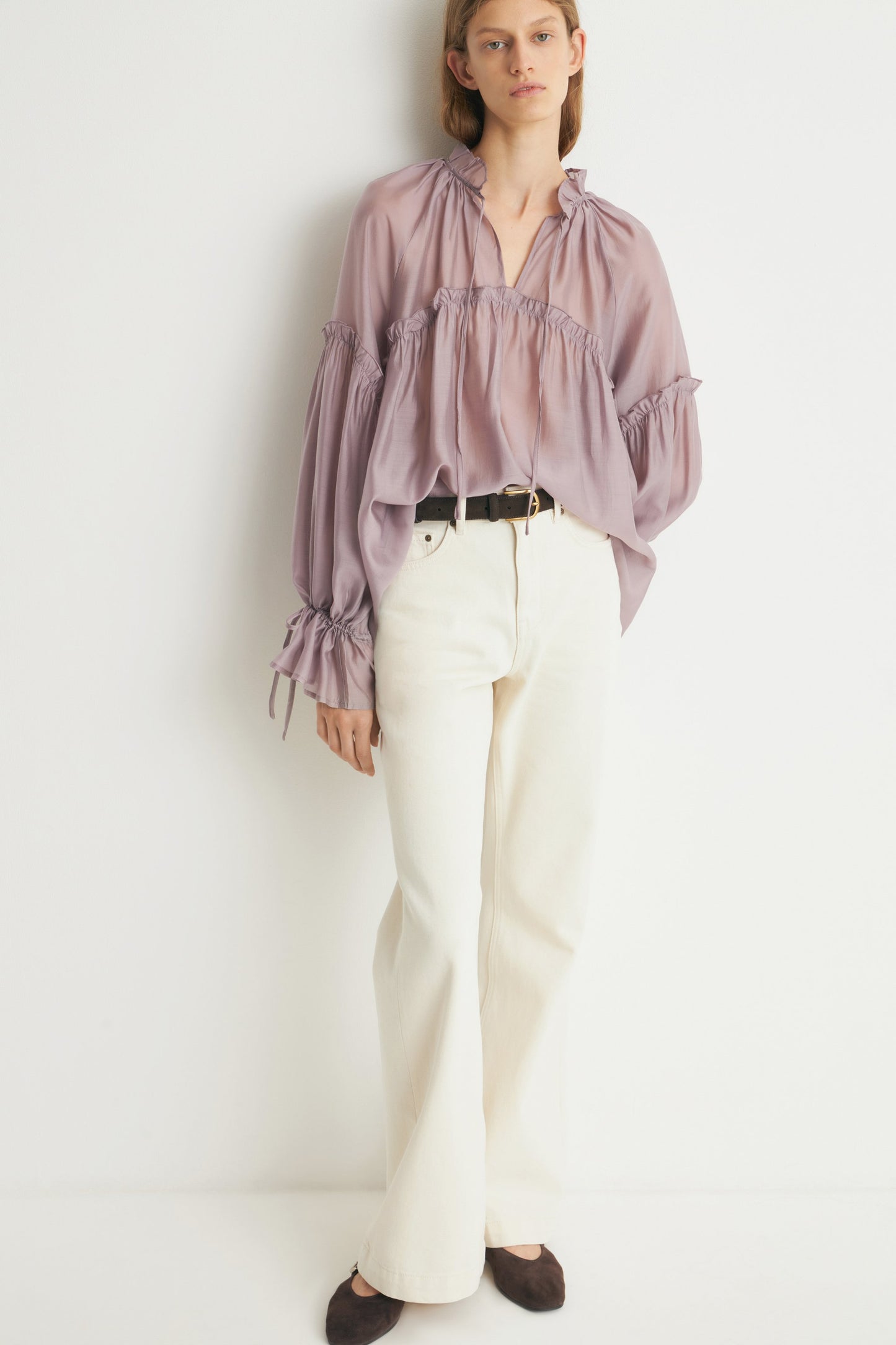Taupe Lilac Draped Long Sleeves Blouse