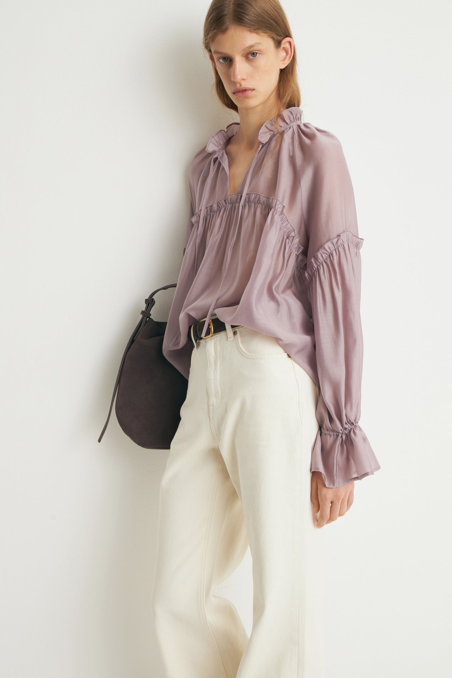 Taupe Lilac Draped Long Sleeves Blouse
