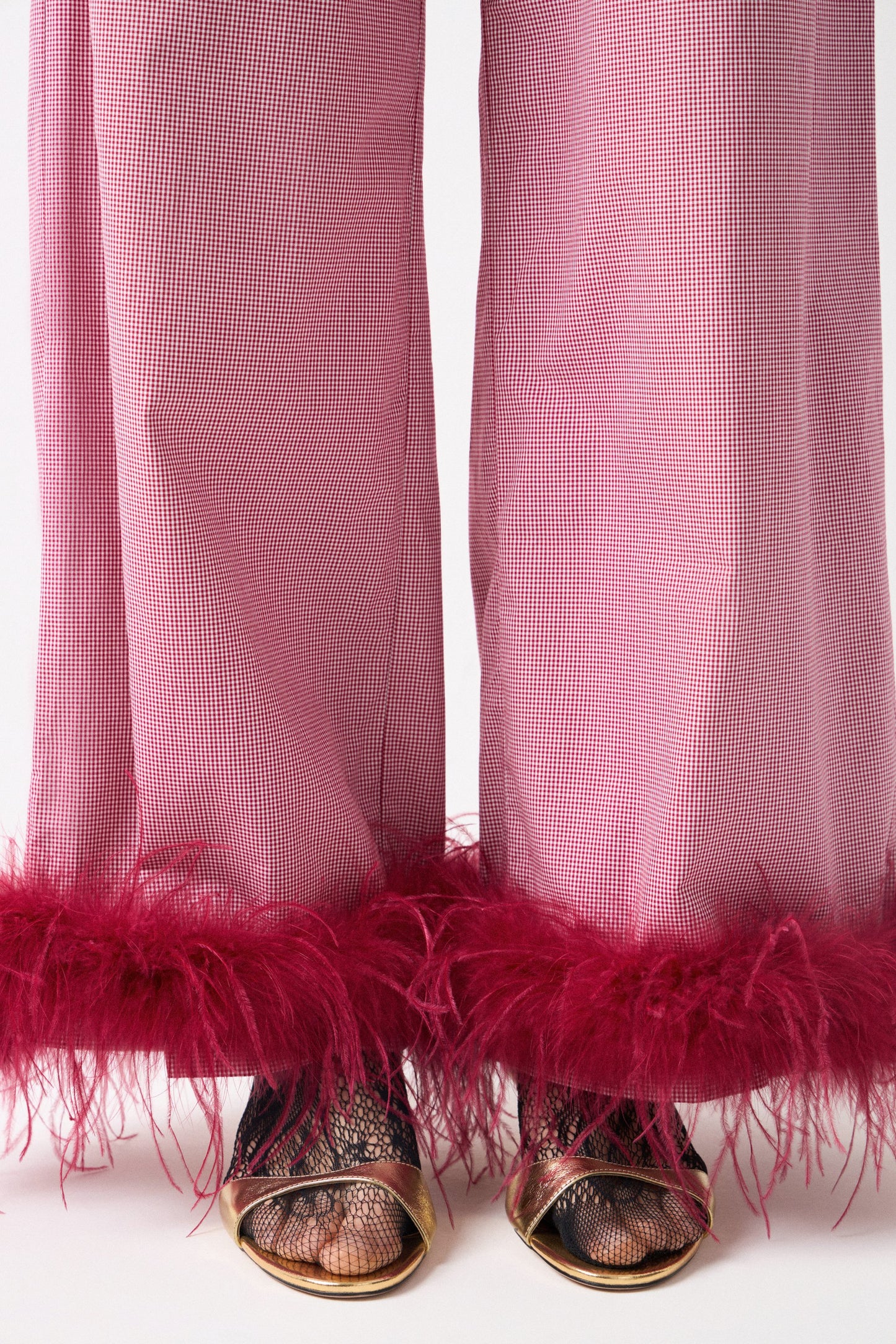 Red Plaid Trousers with Detachable Feather