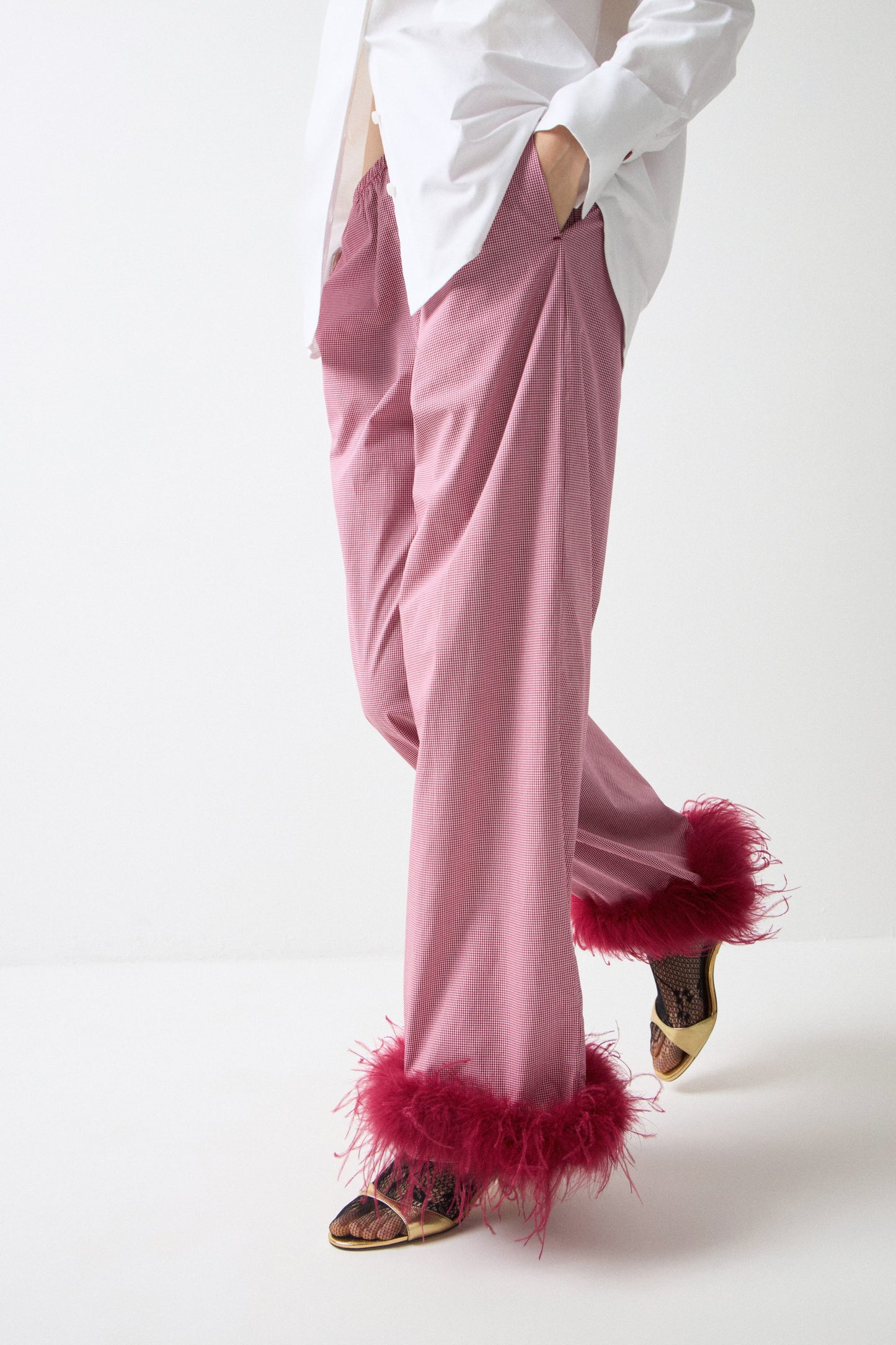Red Plaid Trousers with Detachable Feather