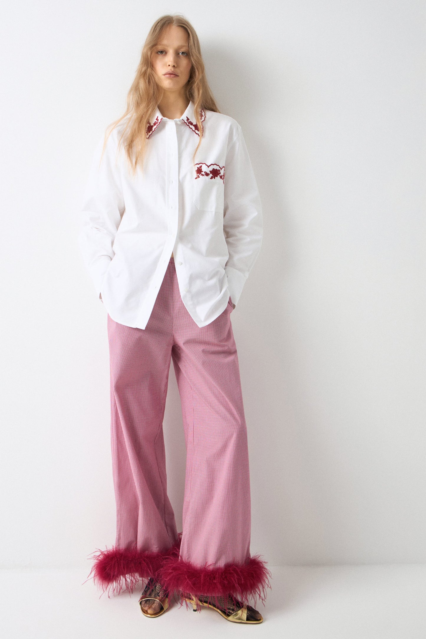 Red Plaid Trousers with Detachable Feather