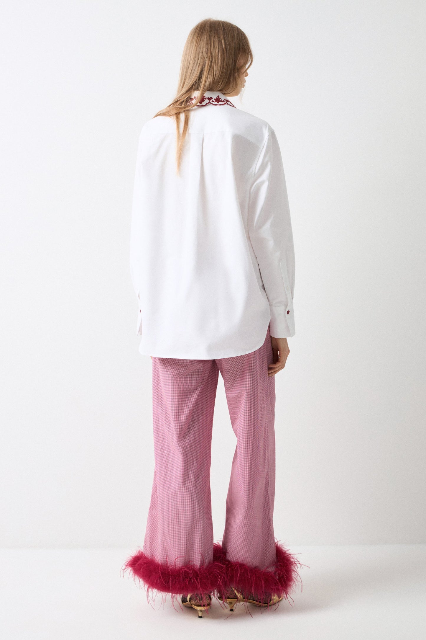 Red Plaid Trousers with Detachable Feather
