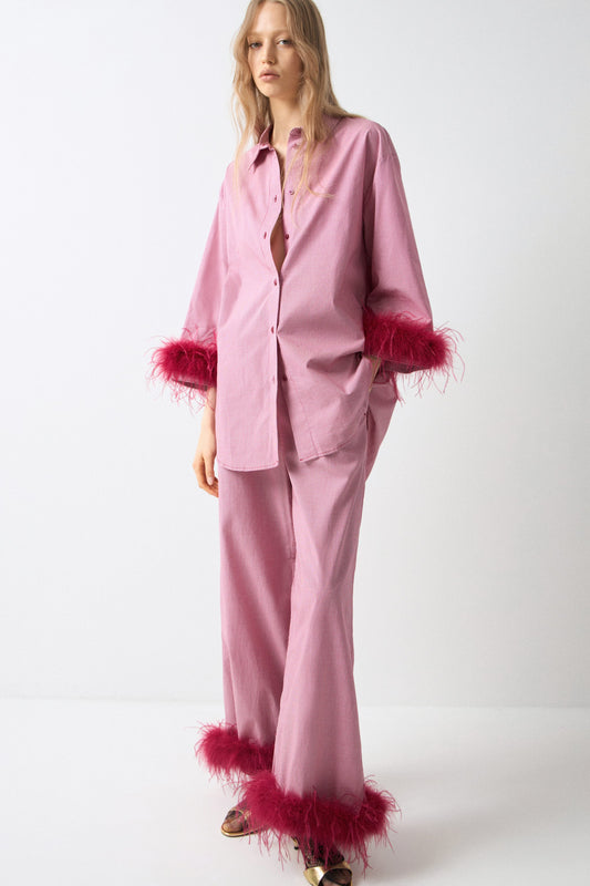 Red Plaid Trousers with Detachable Feather