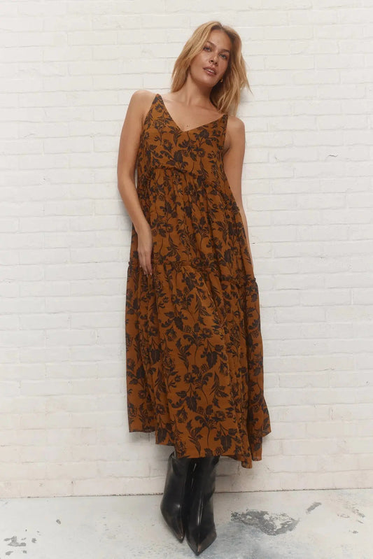 Brown Floral Print Maxi Dress
