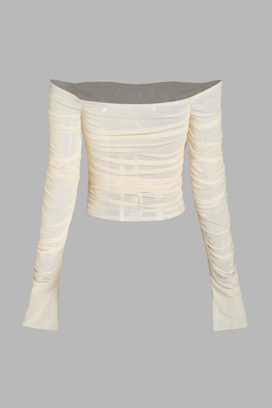 Beige Mesh Off-shoulder Top