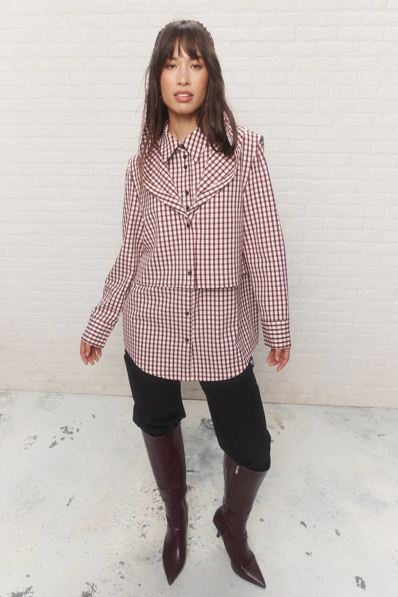 Red and White Plaid Hooded Shirt
