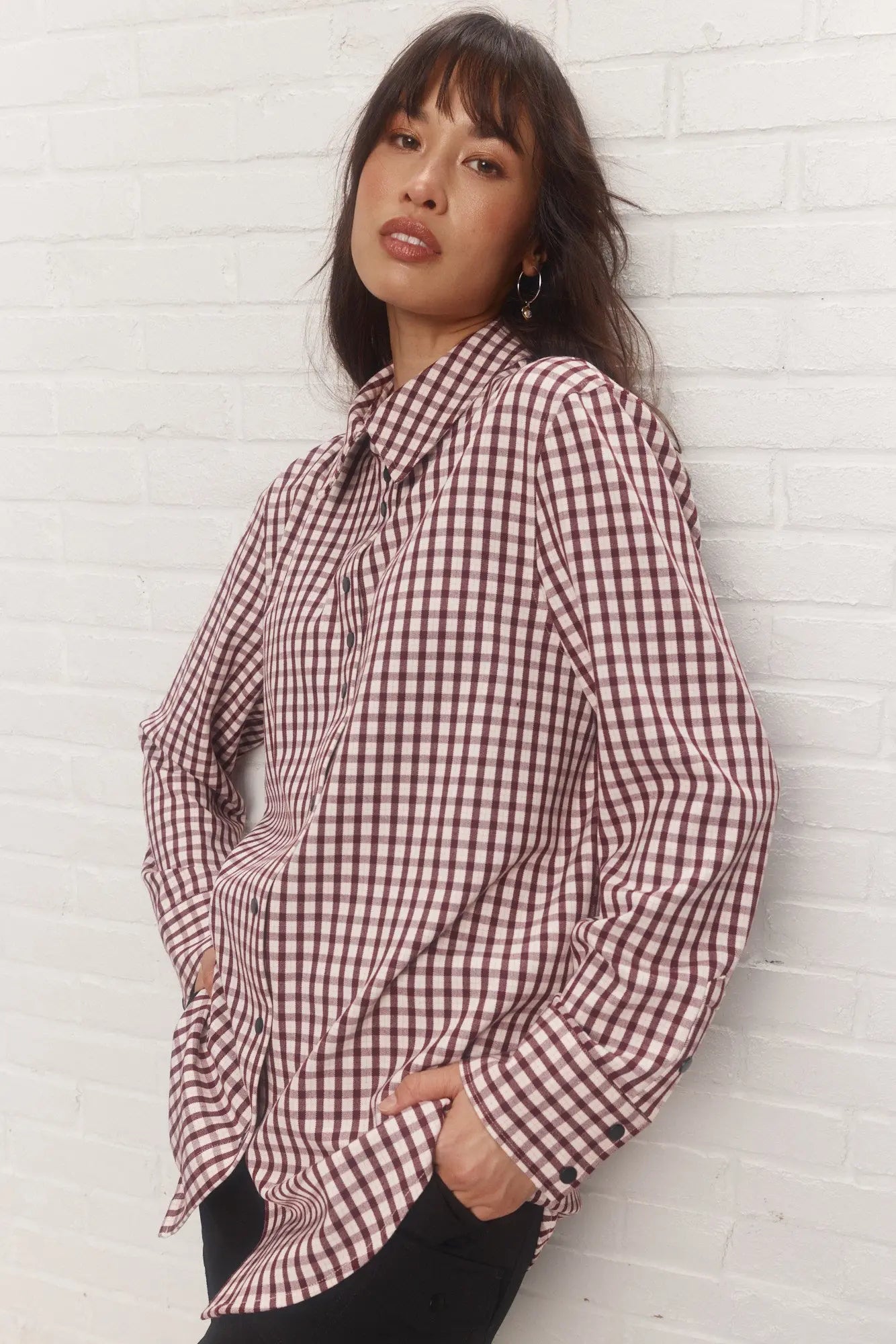 Red and White Plaid Hooded Shirt