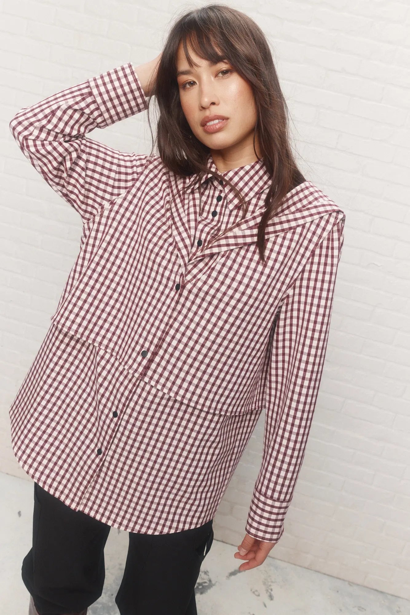 Red and White Plaid Hooded Shirt