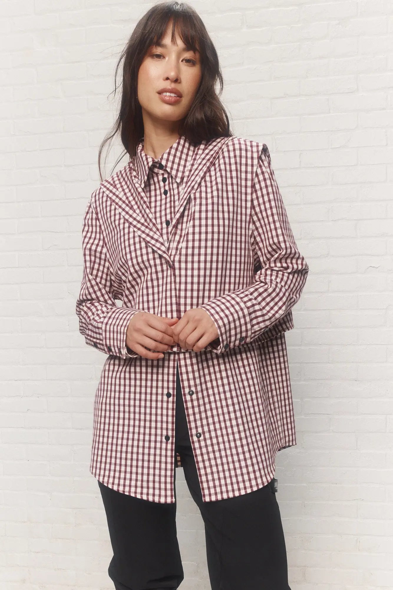 Red and White Plaid Hooded Shirt