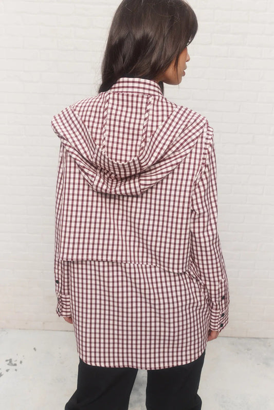 Red and White Plaid Hooded Shirt