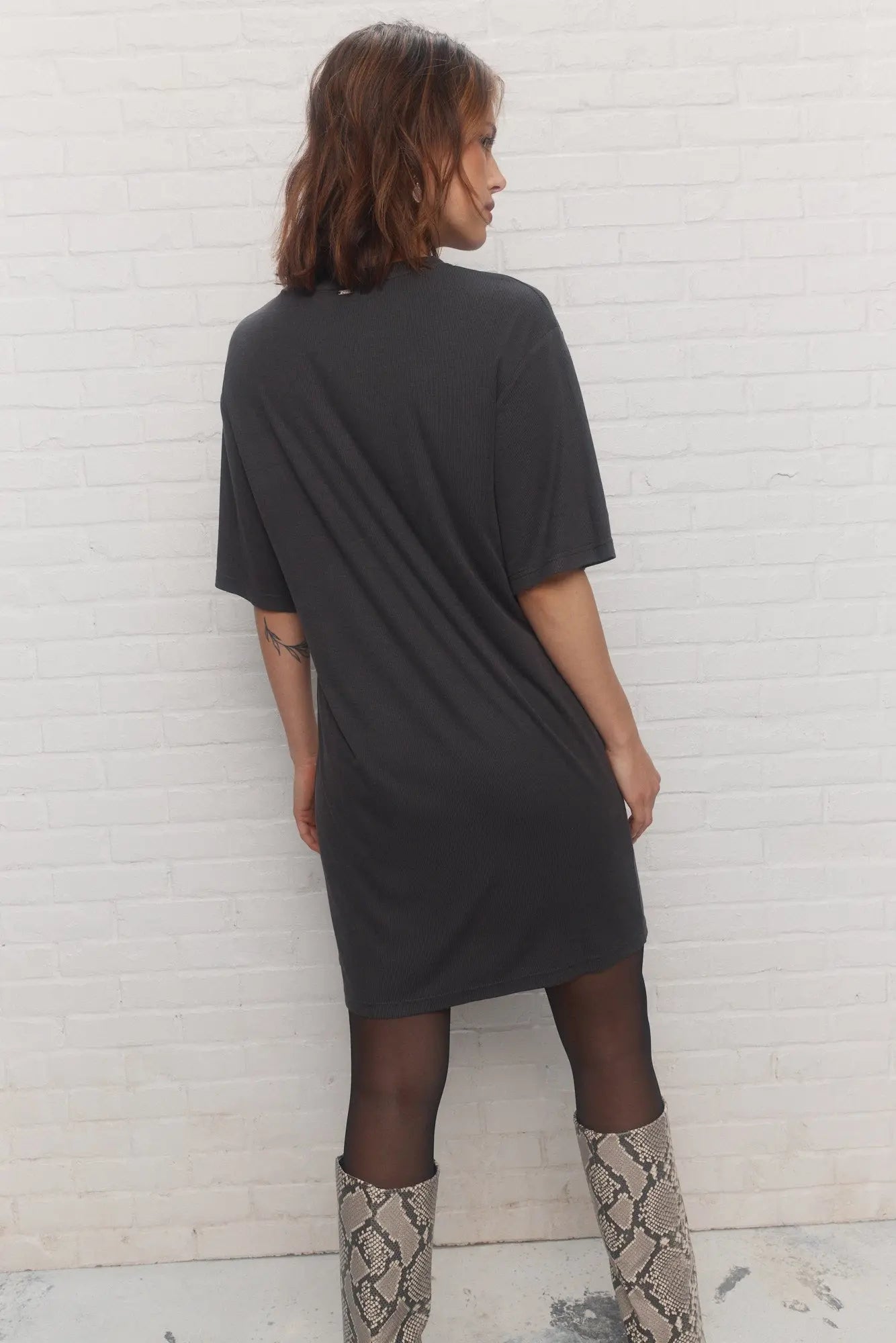 Grey Ribbed Short Sleeve Dress