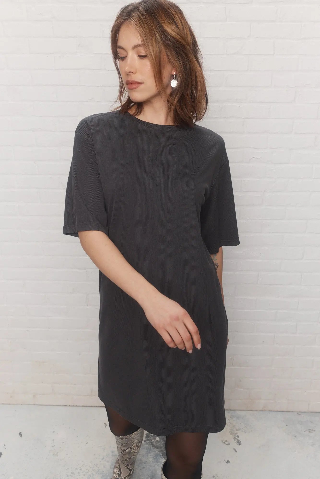 Grey Ribbed Short Sleeve Dress