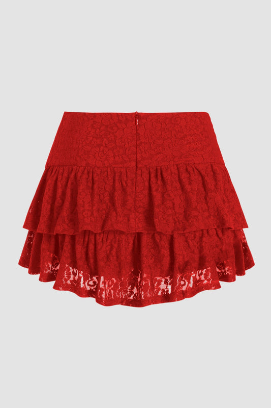 Red Lace Layered Mini Skirt