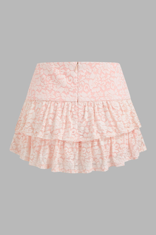 Pink Floral Lace Layered Mini Skirt