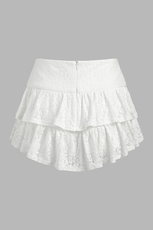 White Ruched Floral Lace Layered Mini Skirt