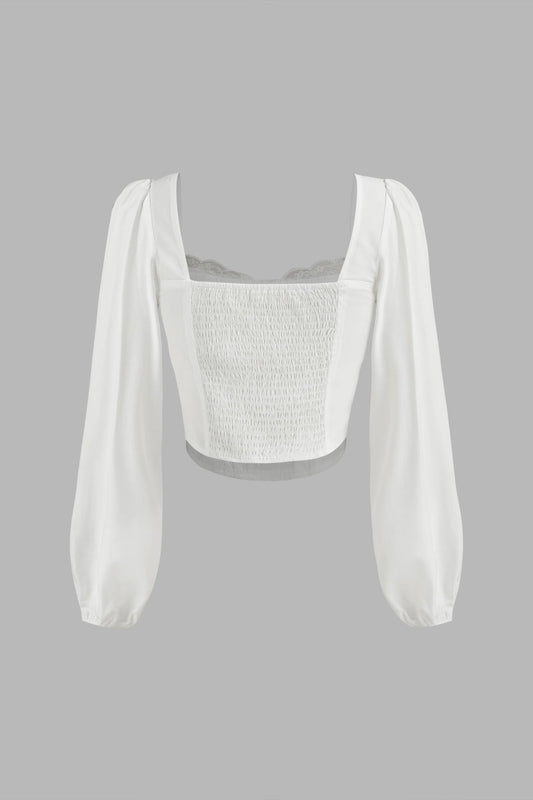 White Square Neck Lace Knotted Blouse
