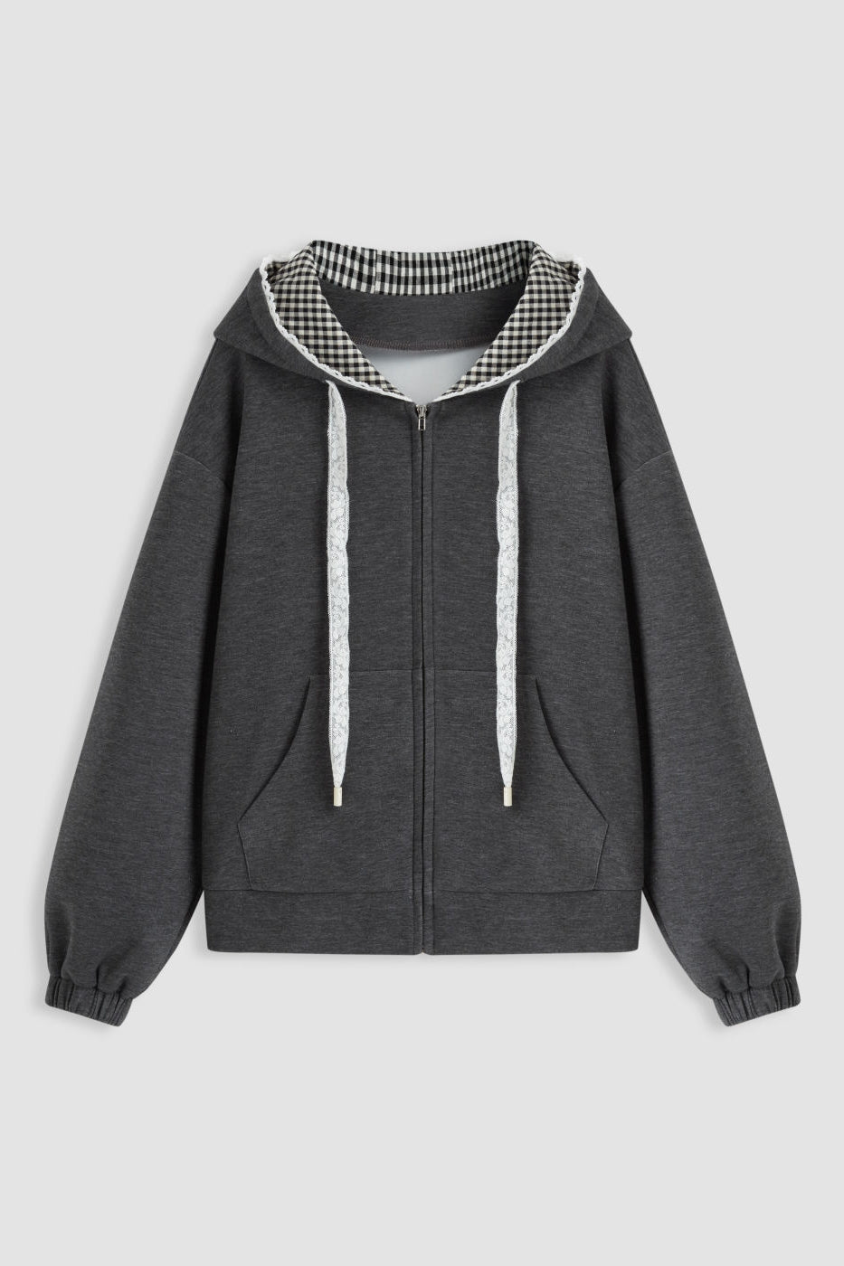 Grey Terry Gingham Lace Trim Hoodie