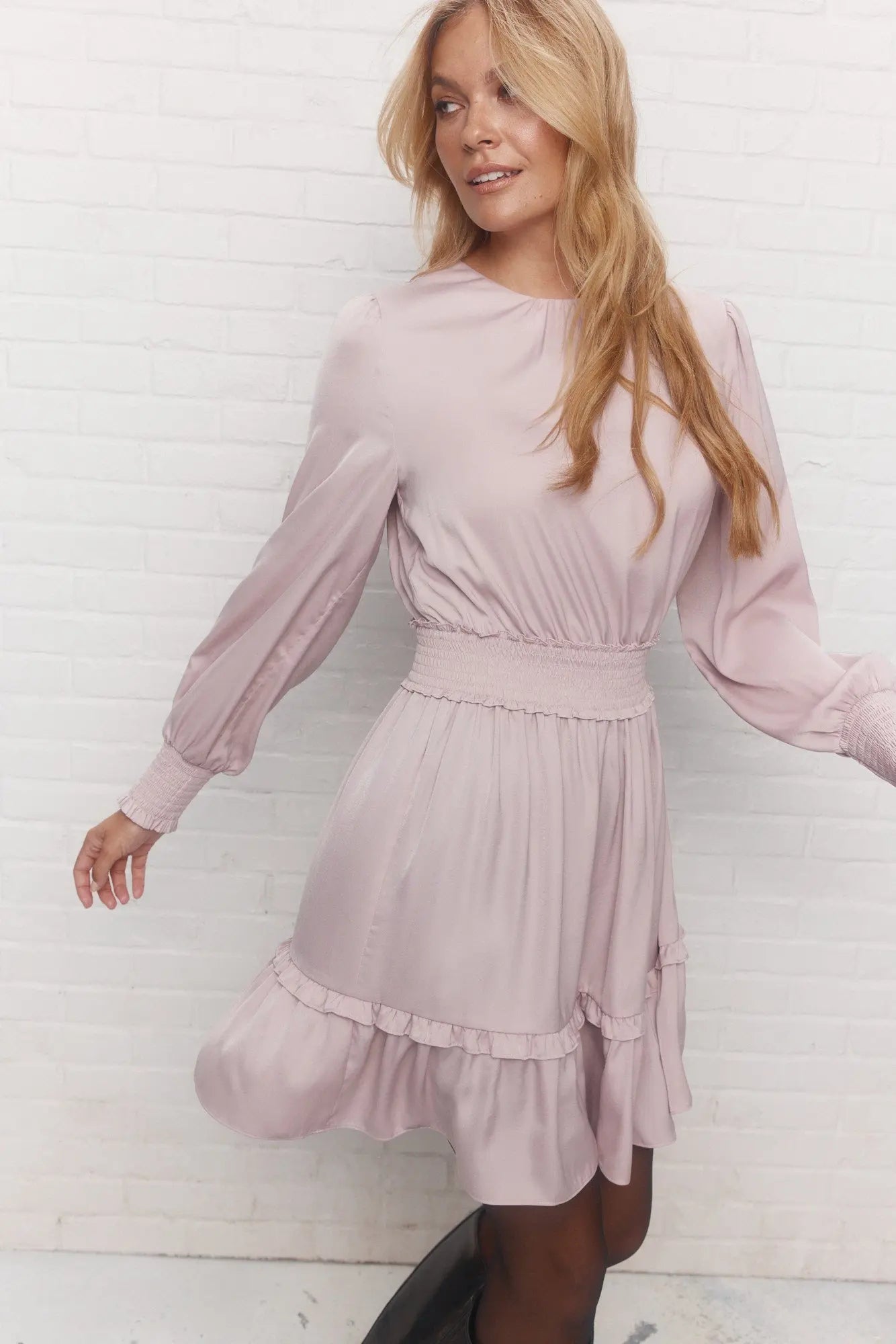 Pink Long-sleeved Dress with Ruffles