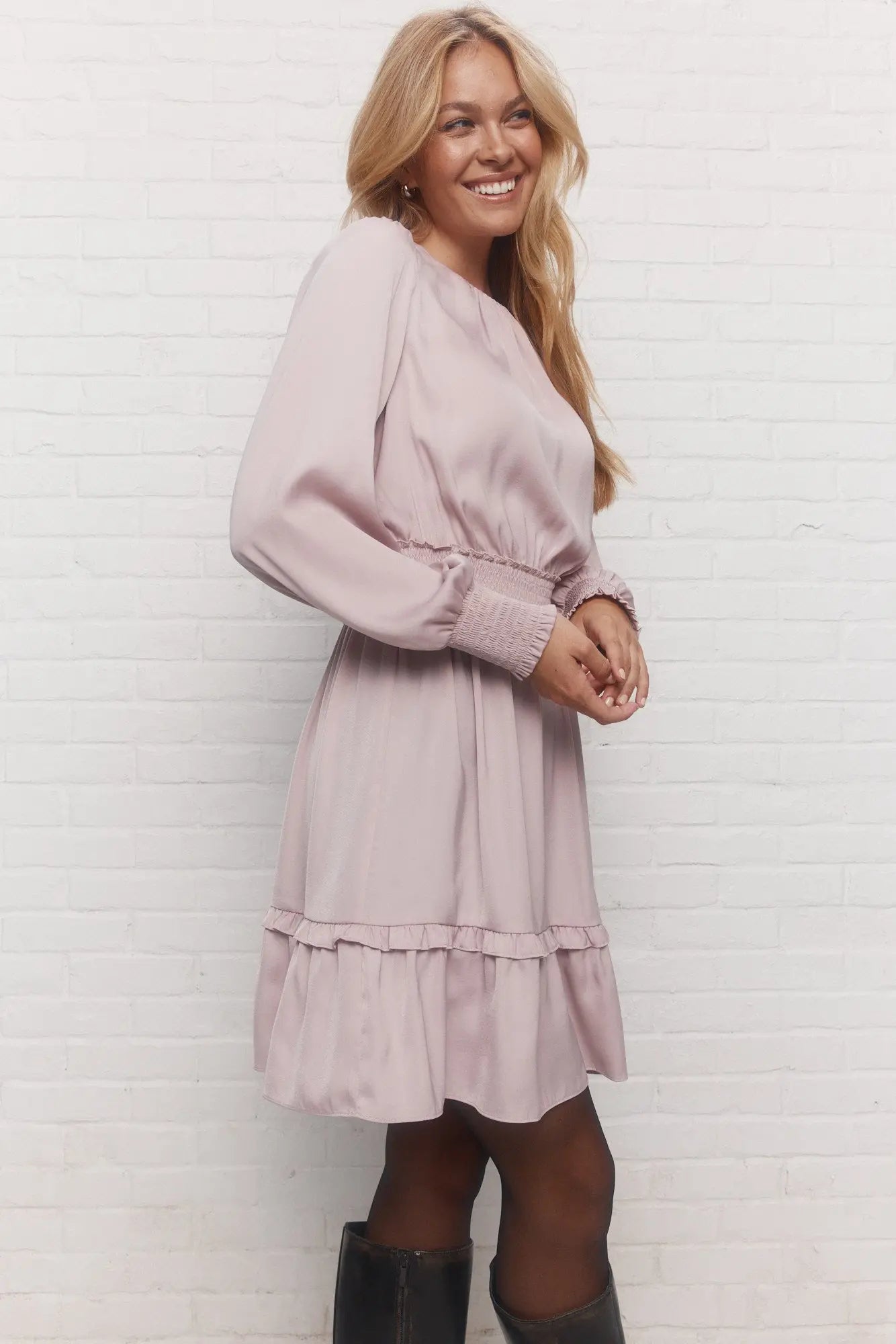 Pink Long-sleeved Dress with Ruffles