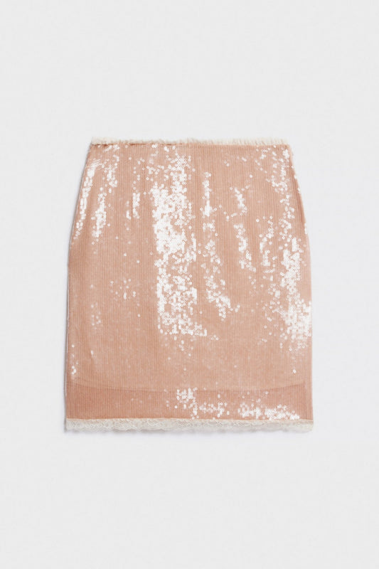 Pink Lace-trimmed Sequin Midi Skirt