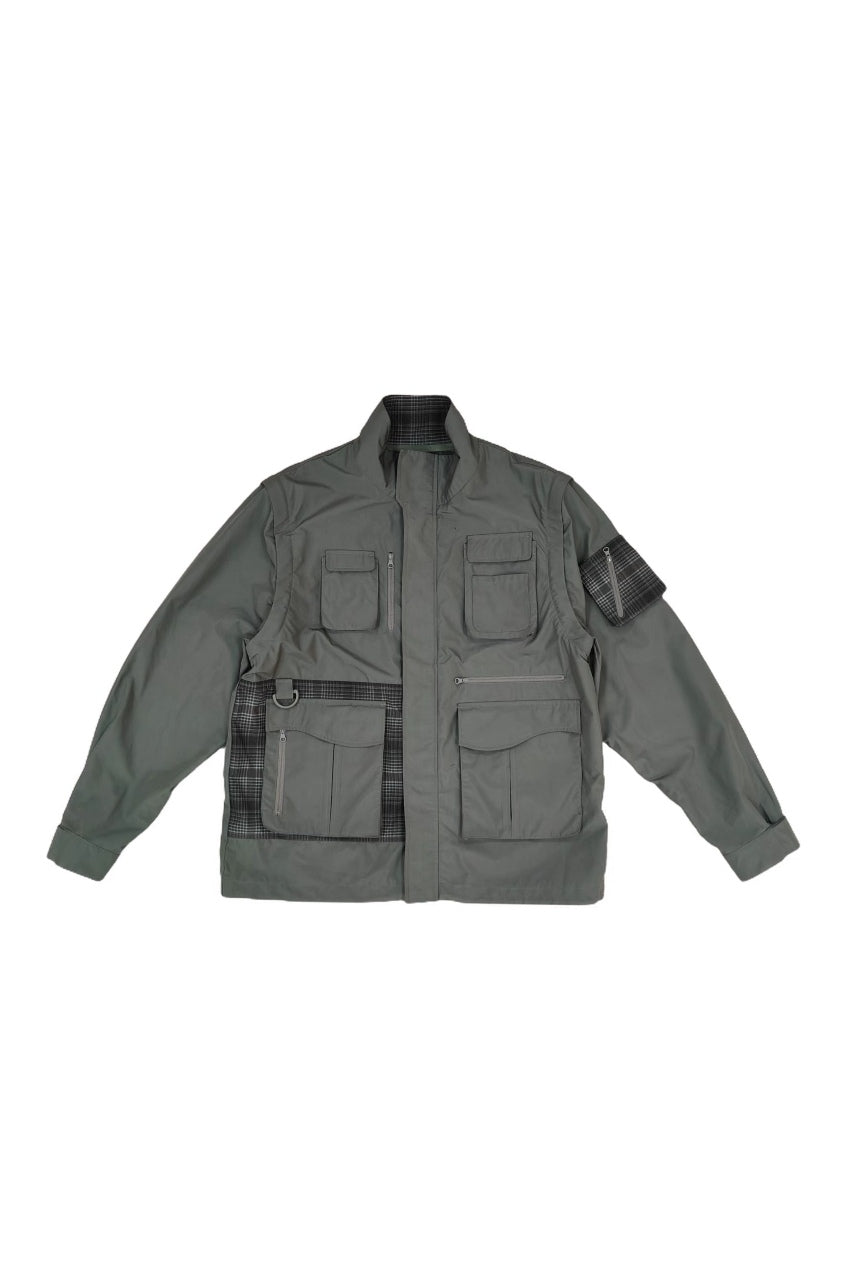 Green Multi-pocket Zipped Jacket with Detachable Sleeves