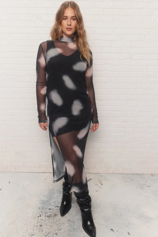 Black Tie-dye Print Sheer Dress