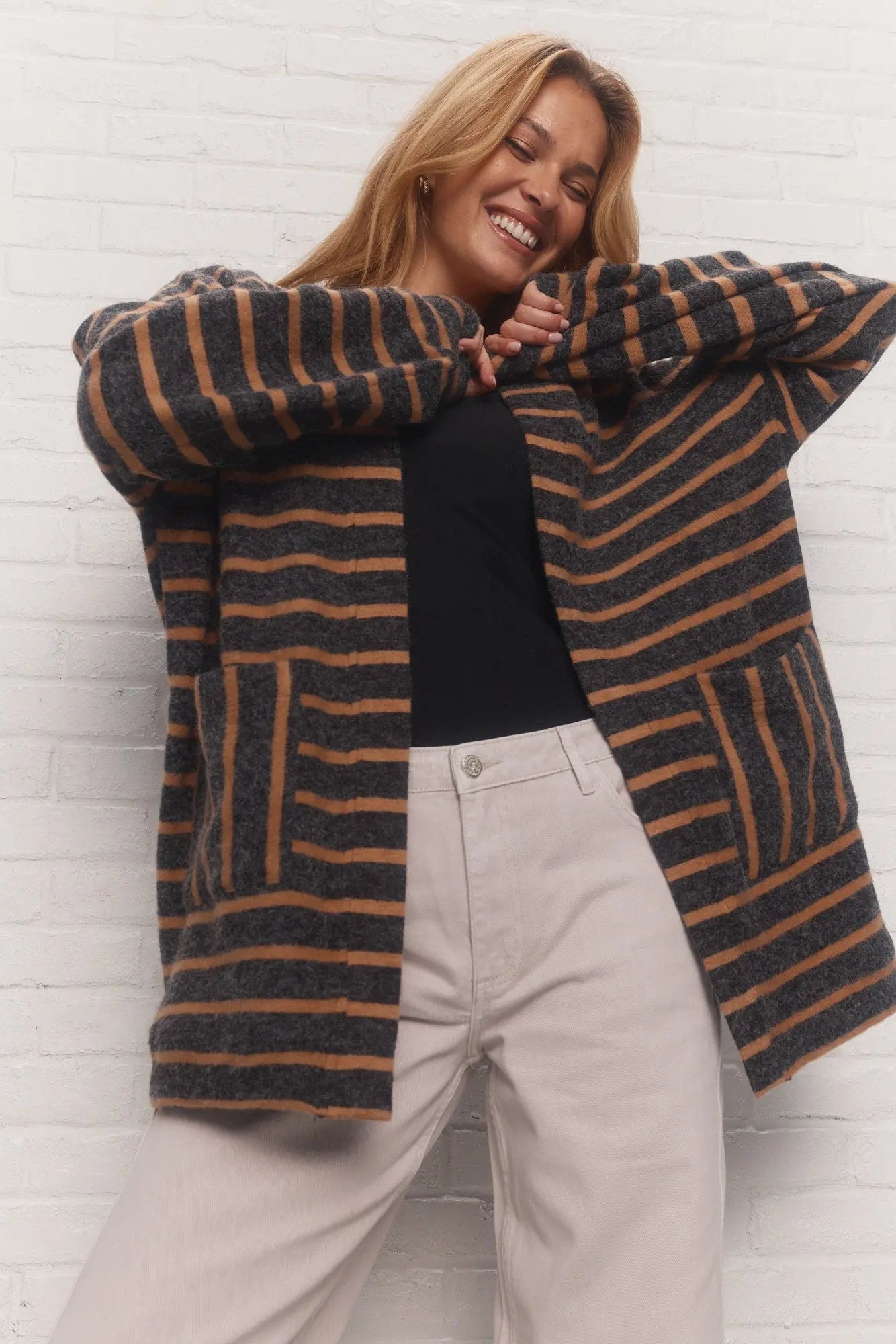 Grey Loose Striped Cardigan
