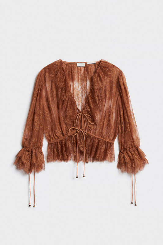 Brown Embroidered Lace Blouse