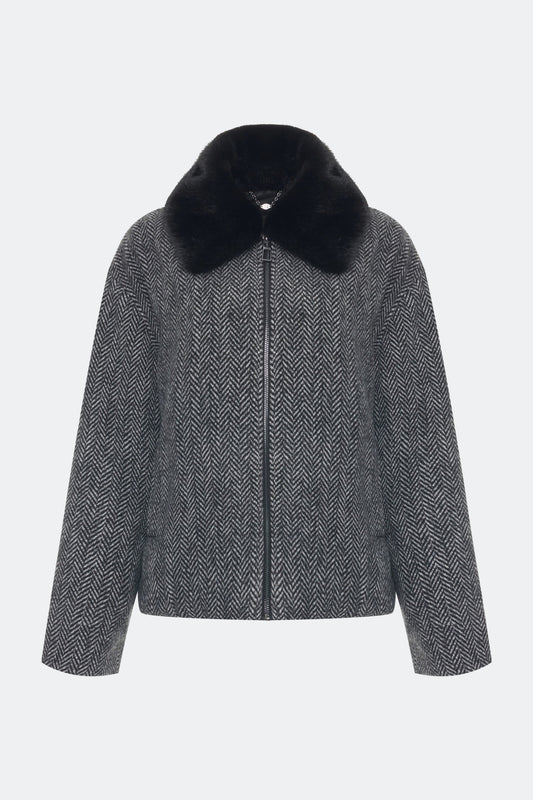 Black Wool-blend Jacket with Faux Fur Collar