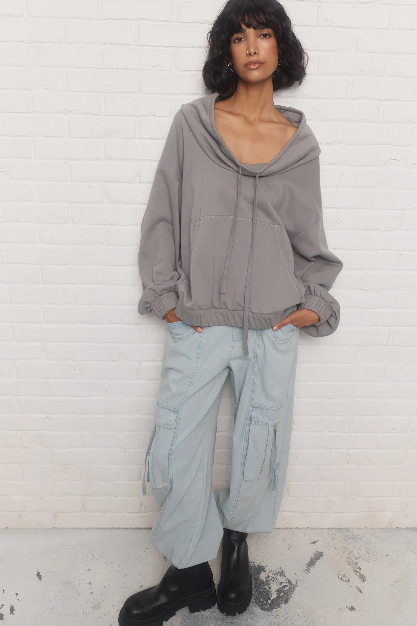 Grey Sweatshirt with Adjustable Drawstring Collar