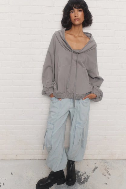 Grey Sweatshirt with Adjustable Drawstring Collar