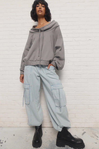 Grey Sweatshirt with Adjustable Drawstring Collar