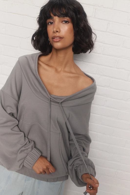 Grey Sweatshirt with Adjustable Drawstring Collar