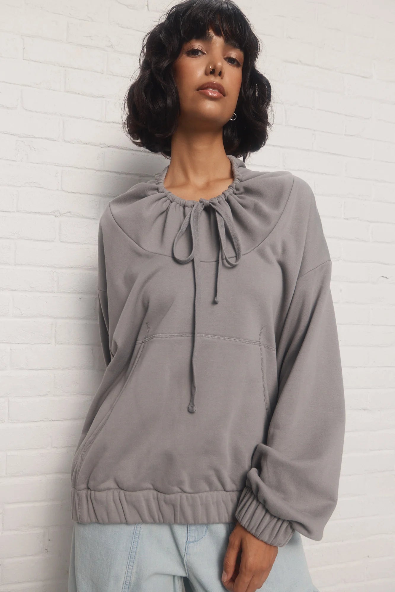 Grey Sweatshirt with Adjustable Drawstring Collar