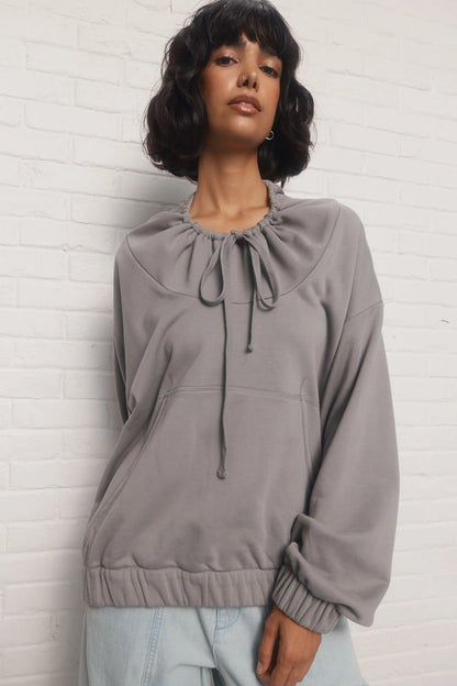 Grey Sweatshirt with Adjustable Drawstring Collar