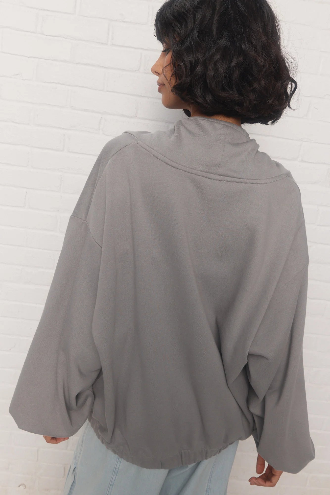 Grey Sweatshirt with Adjustable Drawstring Collar