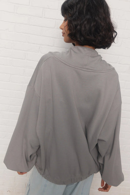 Grey Sweatshirt with Adjustable Drawstring Collar