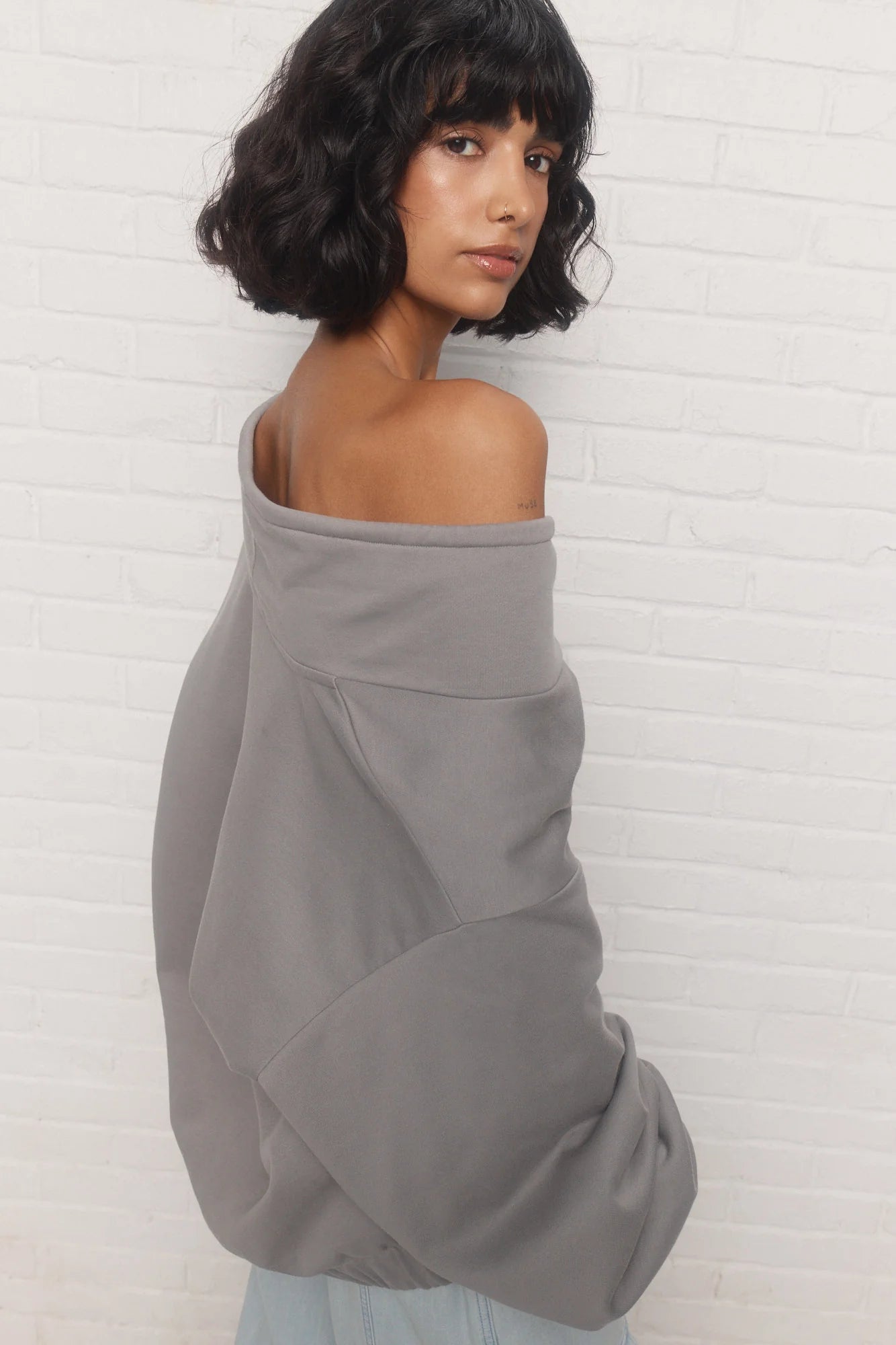 Grey Sweatshirt with Adjustable Drawstring Collar