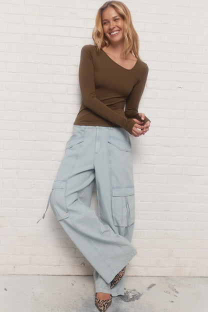 Brown Slim Fit Top with Asymmetrical Neckline