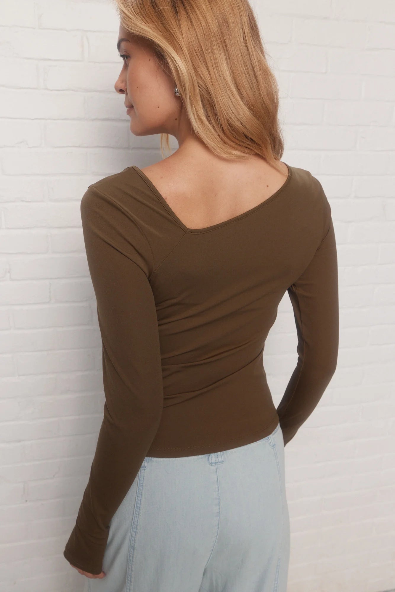 Brown Slim Fit Top with Asymmetrical Neckline