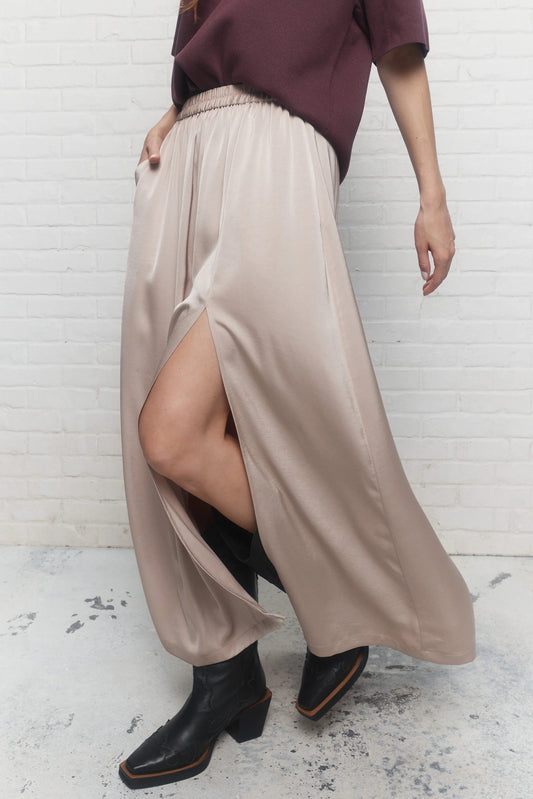 Beige Satin Maxi Skirt with Side Slit