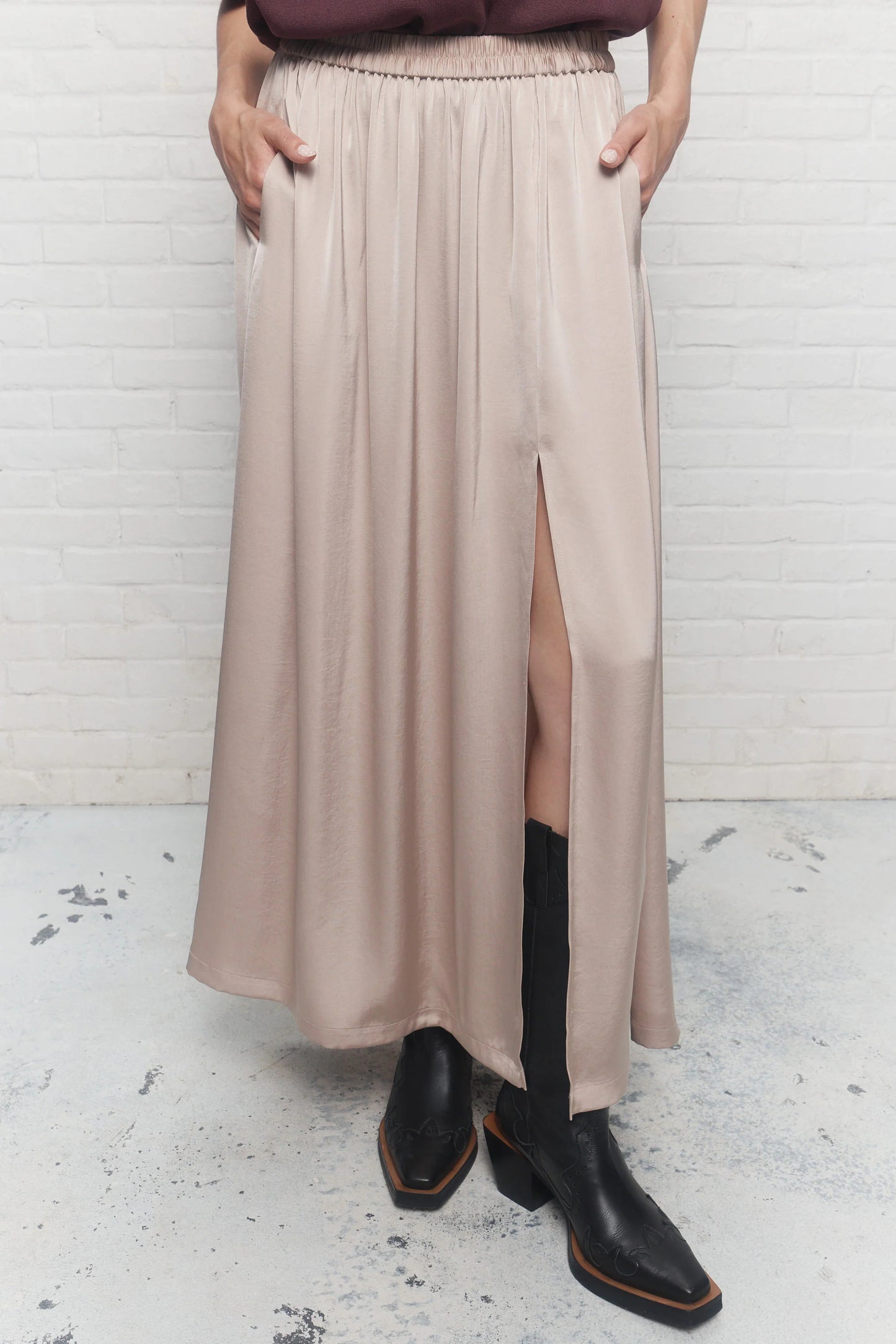 Beige Satin Maxi Skirt with Side Slit