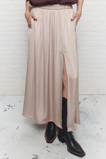 Beige Satin Maxi Skirt with Side Slit