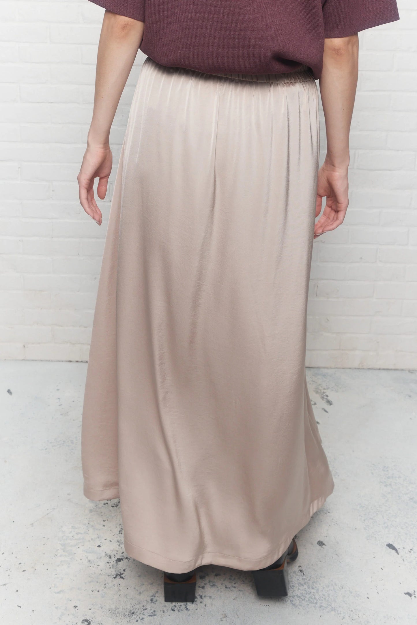 Beige Satin Maxi Skirt with Side Slit