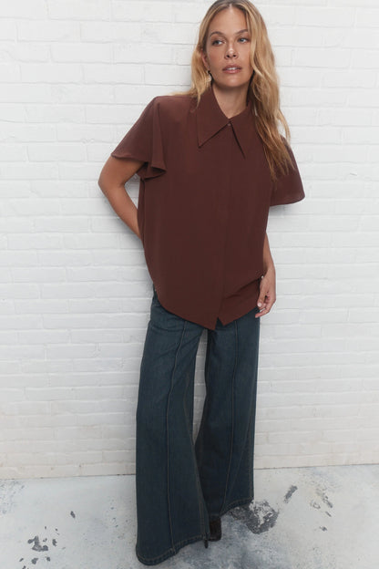 Brown Short Sleeves Shirt with Shoulder Pads