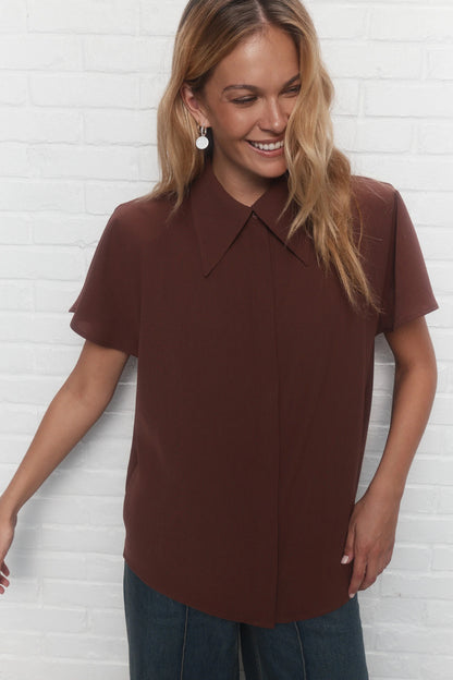 Brown Short Sleeves Shirt with Shoulder Pads