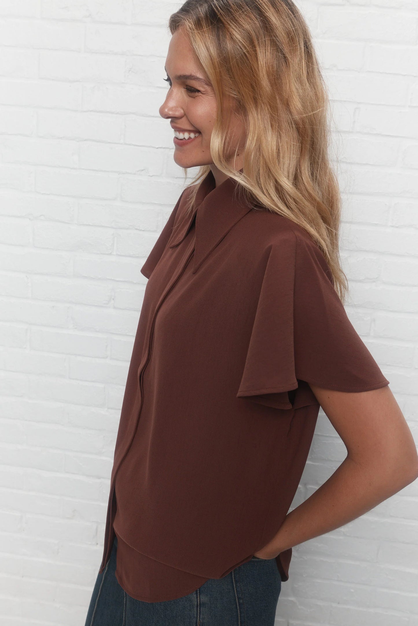 Brown Short Sleeves Shirt with Shoulder Pads